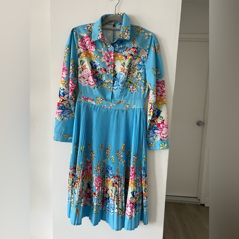 Floral Pleated Dress in Blue and Pink